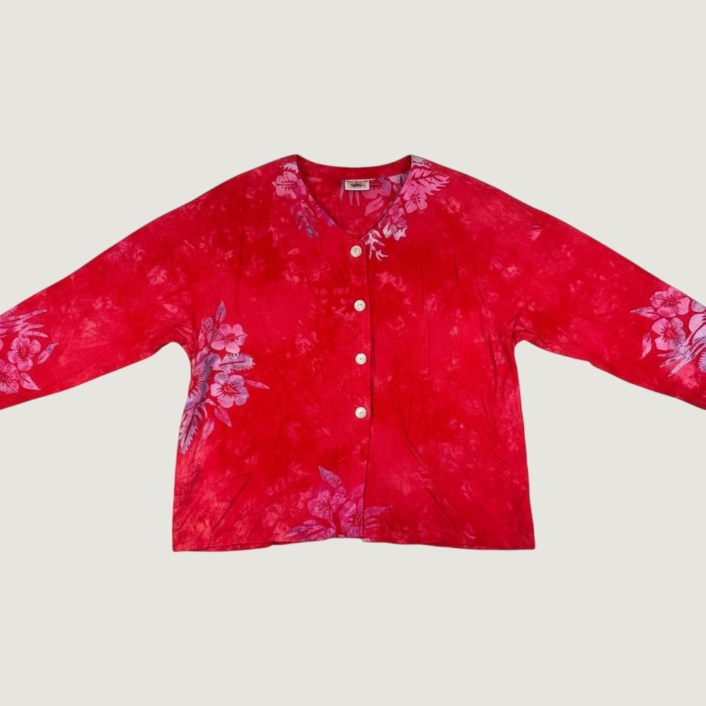 Very Vineyard Edgartown Martha's Vineyard Batik Floral Blouse Red Pink Boho